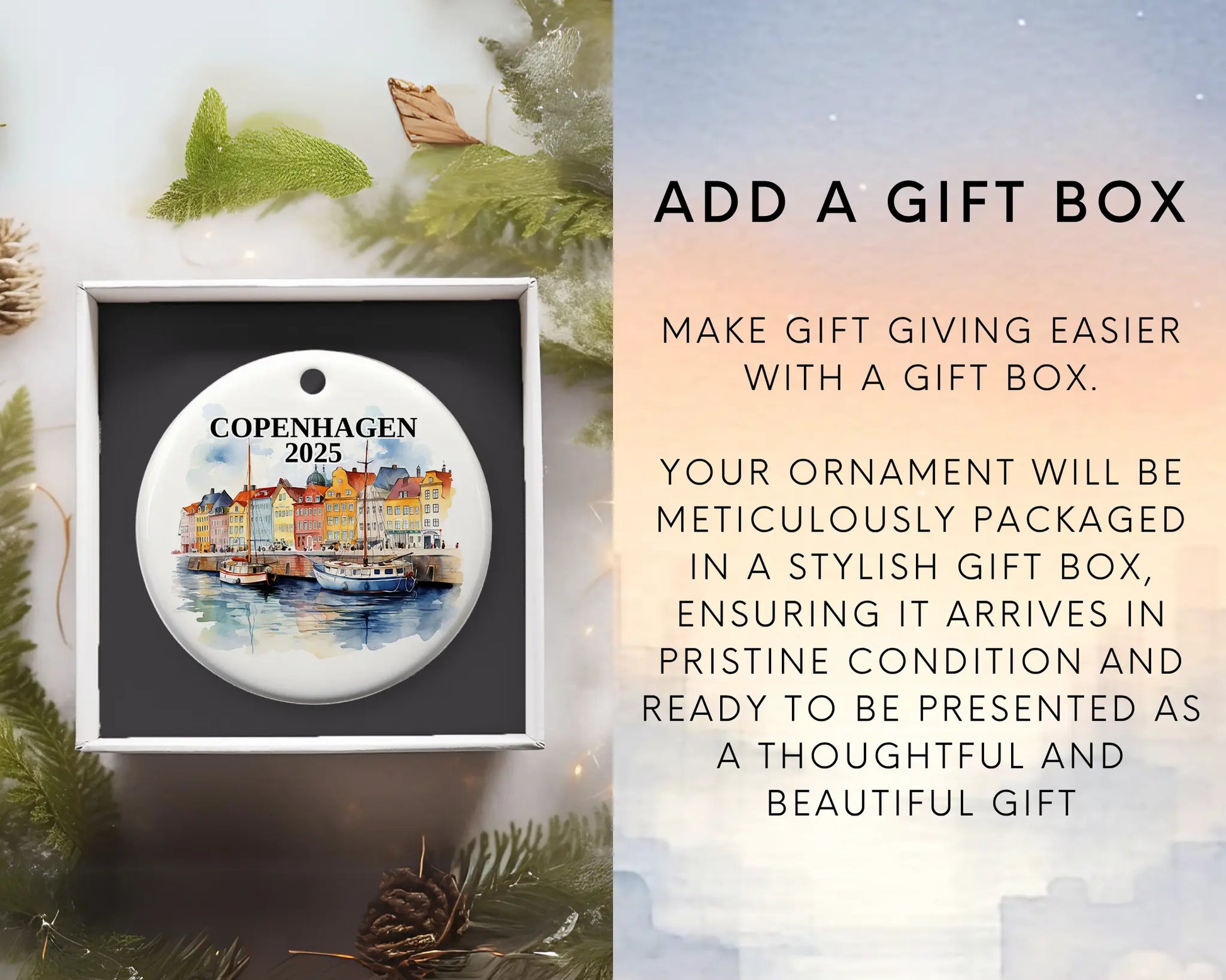 Custom Copenhagen ceramic photo ornament with personalized message – handmade Christmas bauble, gift souvenir, or vacation keepsake.  Add Gift box