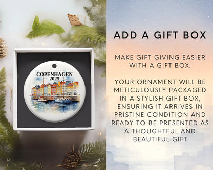 Custom Copenhagen ceramic photo ornament with personalized message – handmade Christmas bauble, gift souvenir, or vacation keepsake.  Add Gift box