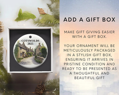 Custom Cotswolds England ceramic photo ornament with personalized message – handmade Christmas bauble, gift souvenir, or vacation keepsake.  Add gift box