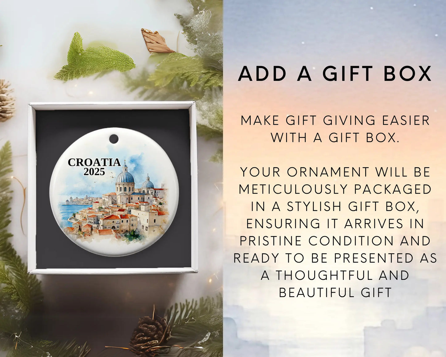 Custom Croatia ceramic photo ornament with personalized message – handmade Christmas bauble, gift souvenir, or vacation keepsake.  Add gif box