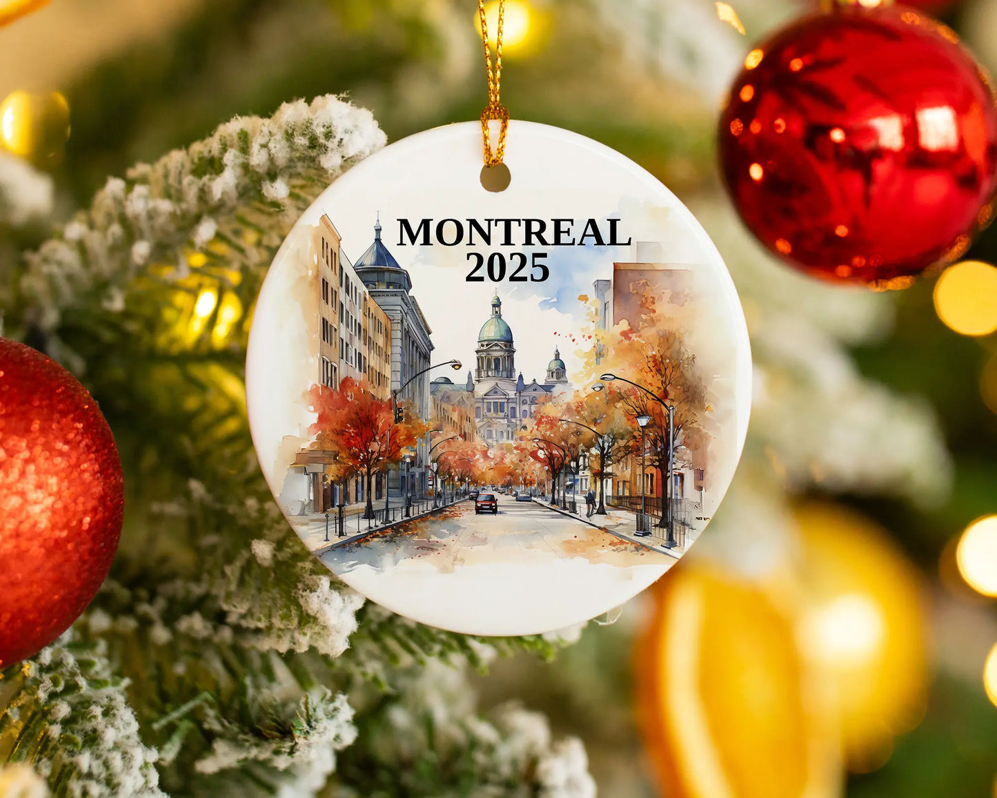 Custom Montreal Quebec ceramic photo ornament with personalized message – handmade Christmas bauble, gift souvenir, or vacation keepsake.  