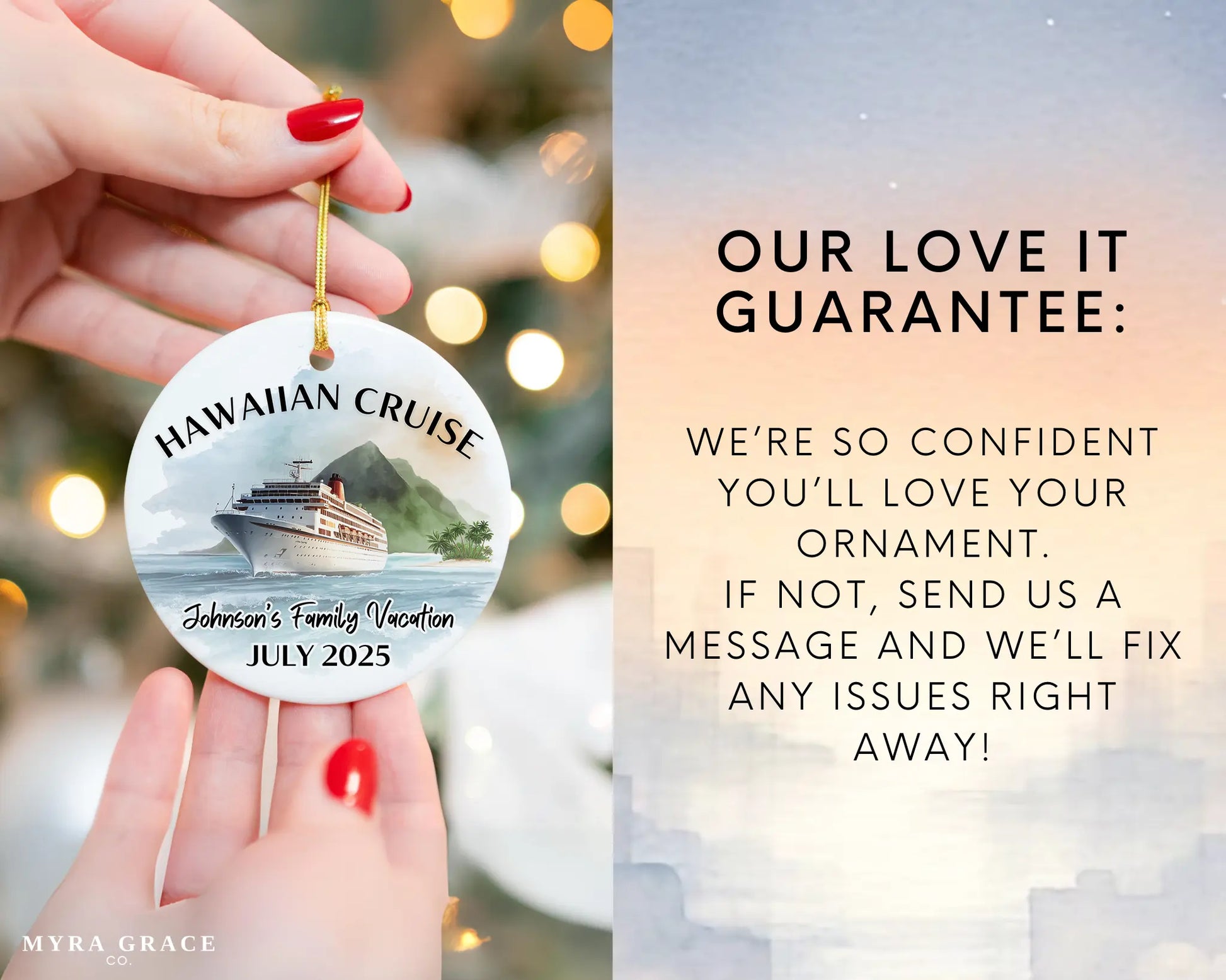 Handmade ceramic Hawaii cruise ornament with personalized location and photo – custom Christmas bauble or cruise vacation souvenir. Love it guarantee