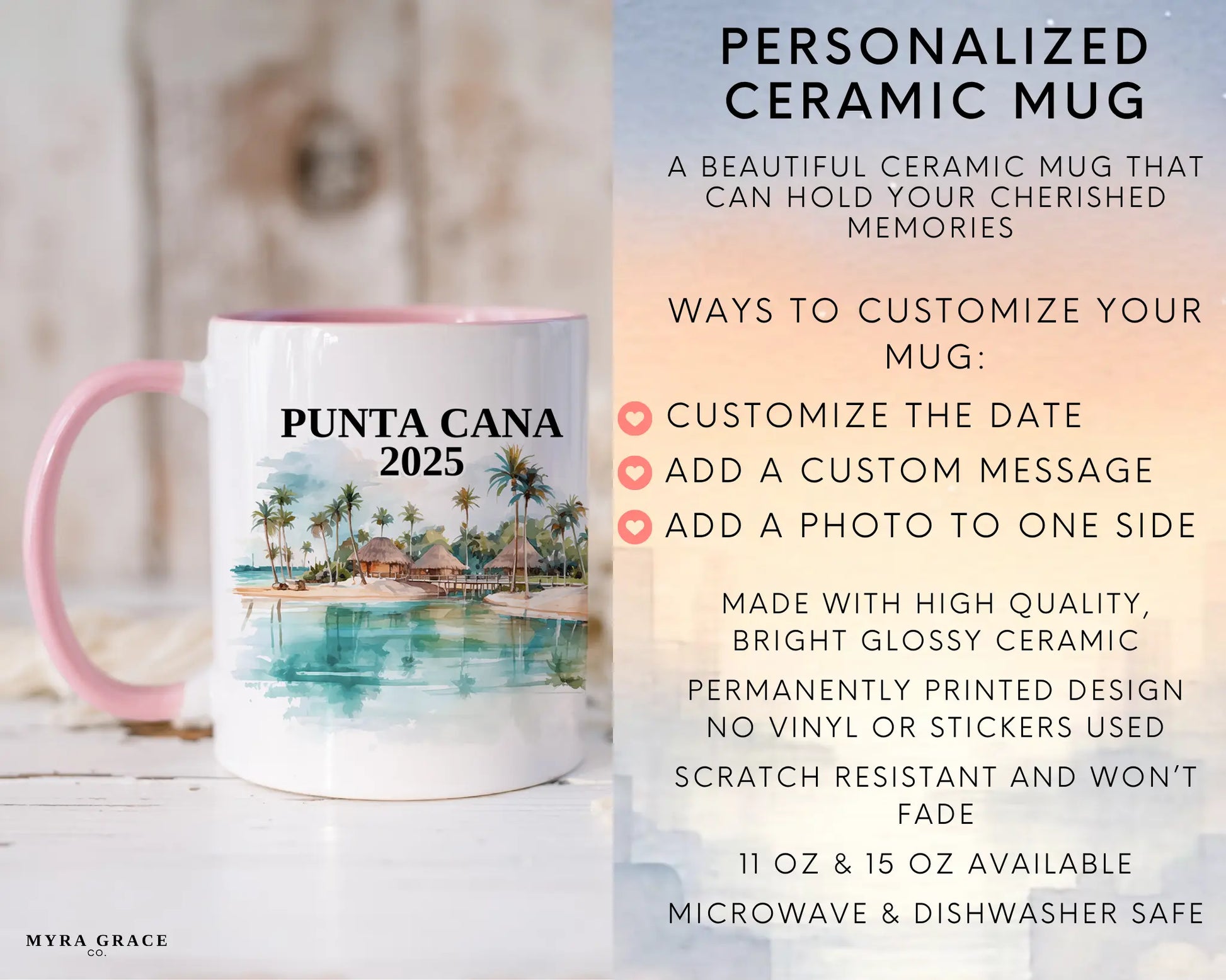 Custom ceramic Punta Cana vacation mug with watercolor location design, date, and personal photo – personalized travel gift or photo mug. Infographic