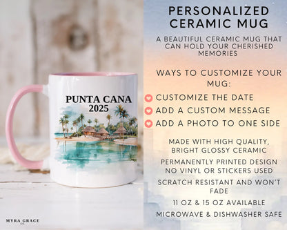 Custom ceramic Punta Cana vacation mug with watercolor location design, date, and personal photo – personalized travel gift or photo mug. Infographic