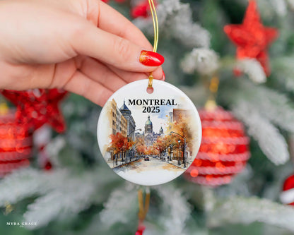 Custom Montreal Quebec ceramic photo ornament with personalized message – handmade Christmas bauble, gift souvenir, or vacation keepsake.  