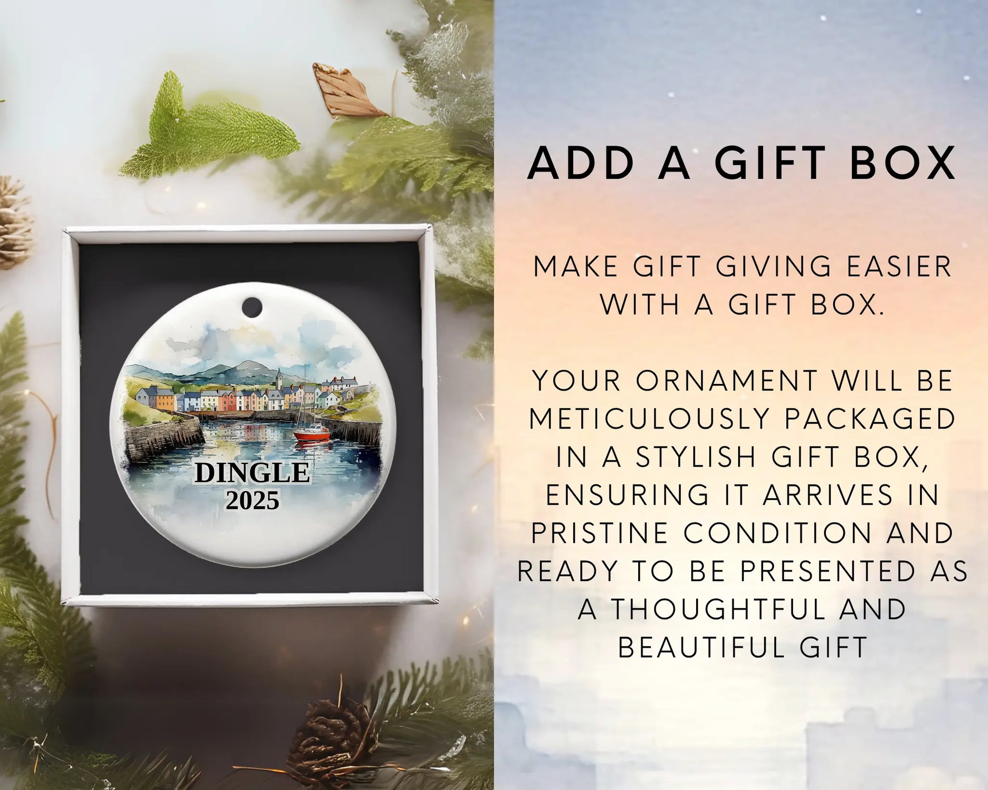 Custom Dingle Ireland ceramic photo ornament with personalized message – handmade Christmas bauble, gift souvenir, or vacation keepsake.  Add gift box