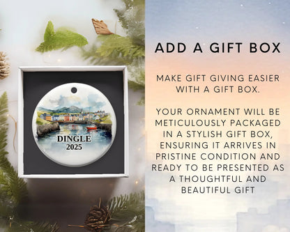 Custom Dingle Ireland ceramic photo ornament with personalized message – handmade Christmas bauble, gift souvenir, or vacation keepsake.  Add gift box