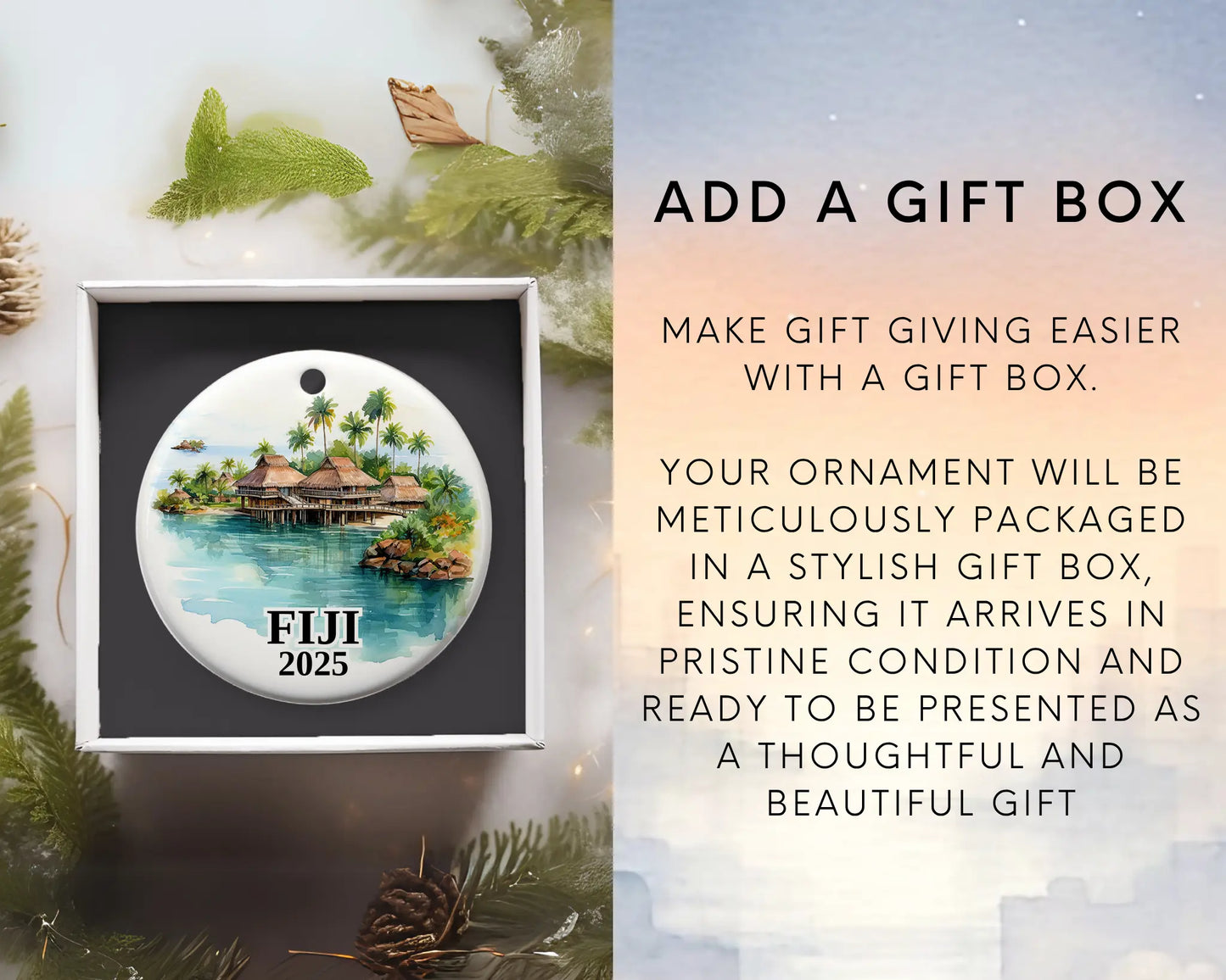 Custom Fiji ceramic photo ornament with personalized message – handmade Christmas bauble, gift souvenir, or vacation keepsake.  Add gift box