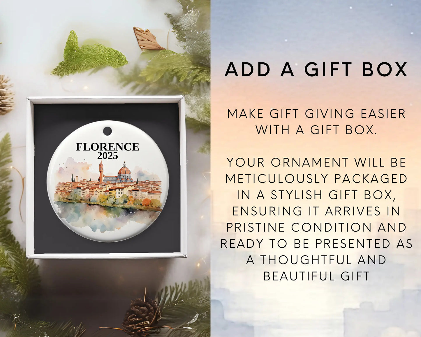 Custom Florence Italy ceramic photo ornament with personalized message – handmade Christmas bauble, gift souvenir, or vacation keepsake.  add gift box