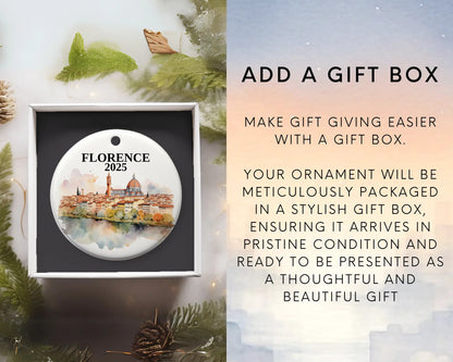 Custom Florence Italy ceramic photo ornament with personalized message – handmade Christmas bauble, gift souvenir, or vacation keepsake.  add gift box