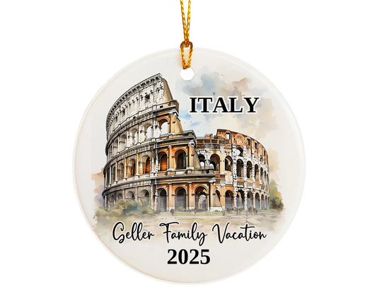 Custom vacation Italy Colosseum ceramic photo ornament with personalized message – handmade Christmas bauble, gift souvenir, or vacation keepsake. 