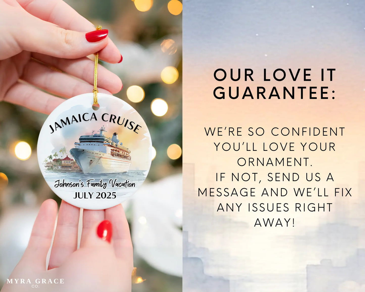 Handmade ceramic Jamaica cruise ornament with personalized location and photo – custom Christmas bauble or cruise vacation souvenir. Love it guarantee