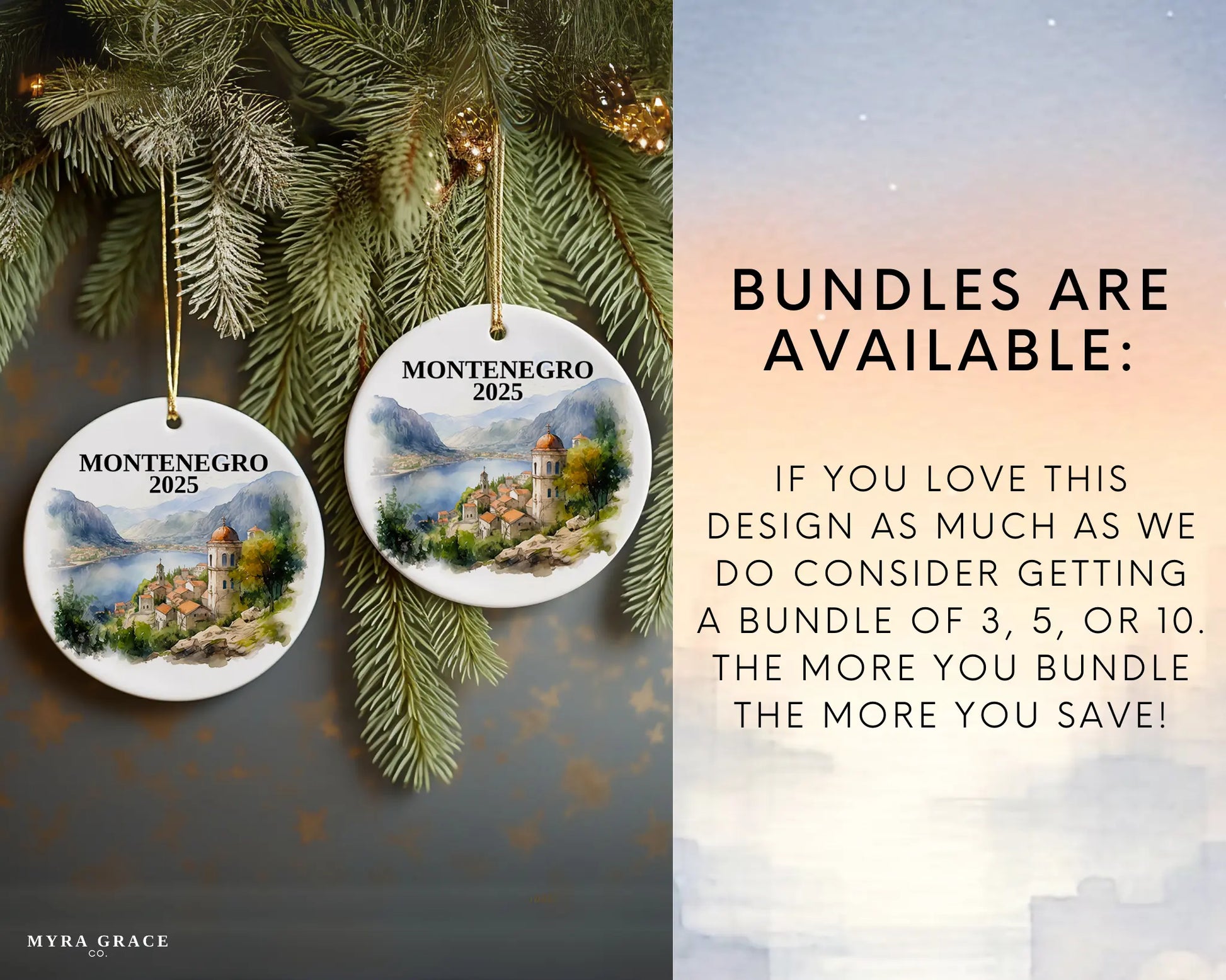 Custom Montenegro ceramic photo ornament with personalized message – handmade Christmas bauble, gift souvenir, or vacation keepsake.  Bundles are available