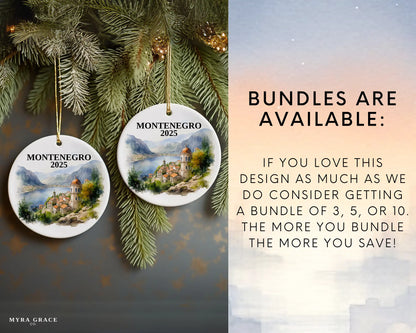Custom Montenegro ceramic photo ornament with personalized message – handmade Christmas bauble, gift souvenir, or vacation keepsake.  Bundles are available