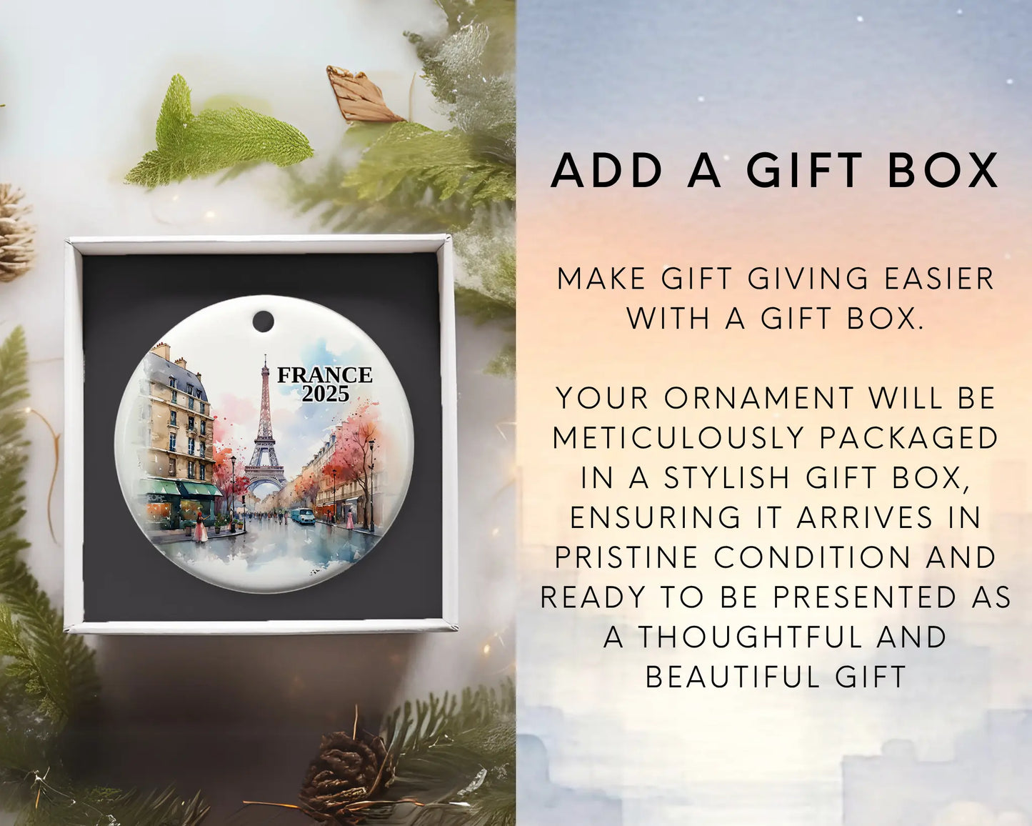 Custom France, Paris in Spring, ceramic photo ornament with personalized message – handmade Christmas bauble, gift souvenir, or vacation keepsake.  add gift box