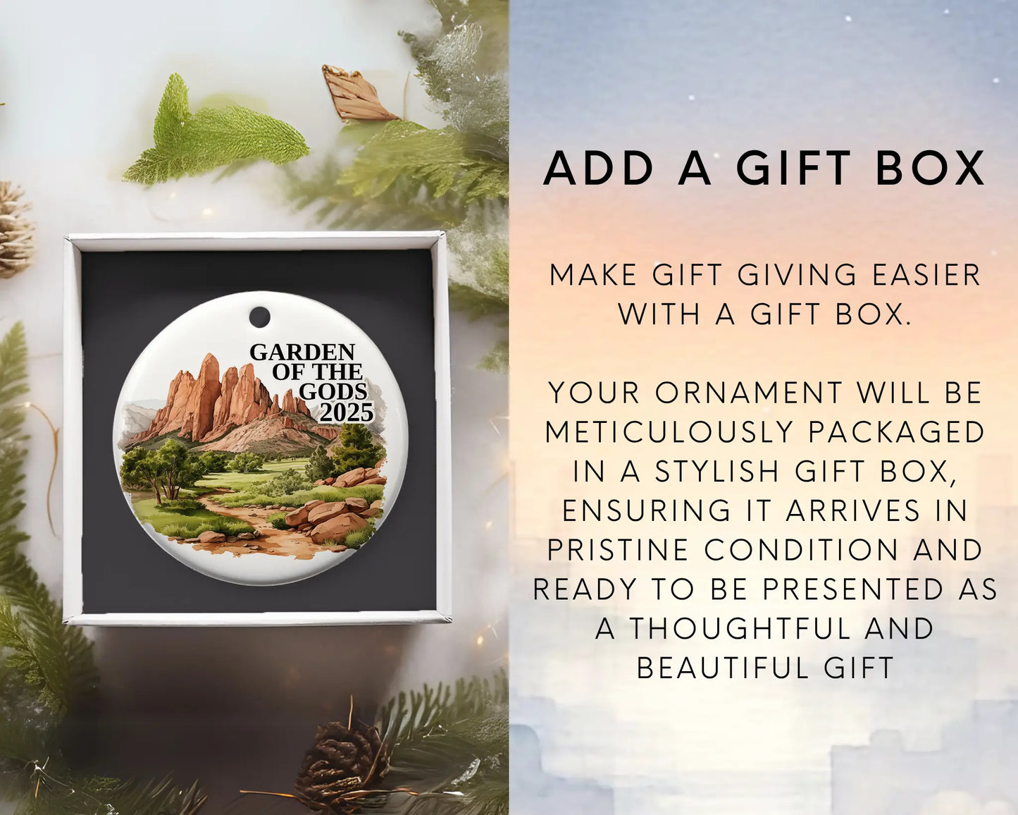 Custom Garden of the Gods Colorado Springs ceramic photo ornament with personalized message – handmade Christmas bauble, gift souvenir, or vacation keepsake.  add gift box