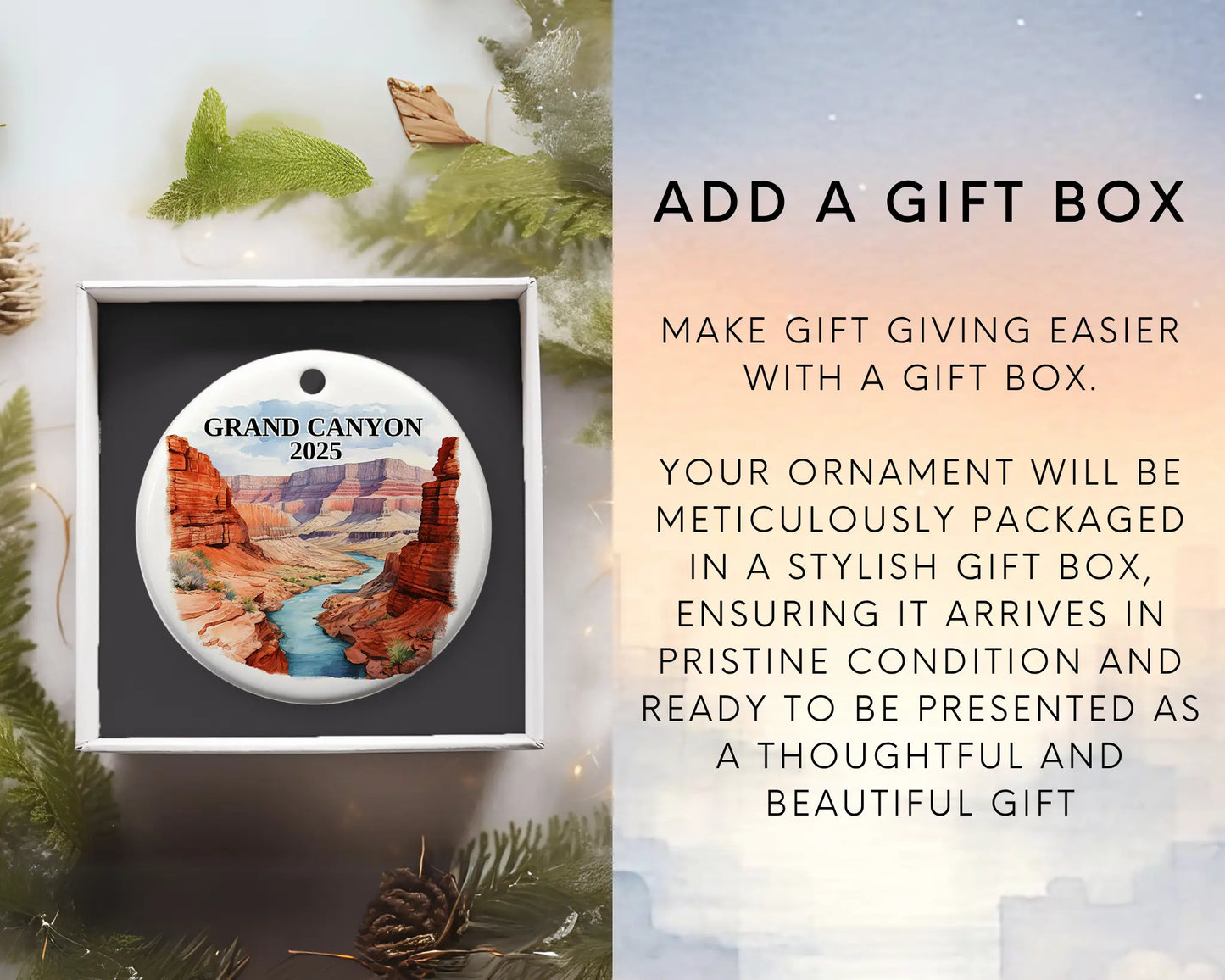 Custom Grand Canyon ceramic photo ornament with personalized message – handmade Christmas bauble, gift souvenir, or vacation keepsake.  add gift box