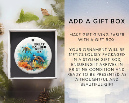 Custom Great Barrier Reef ceramic photo ornament with personalized message – handmade Christmas bauble, gift souvenir, or vacation keepsake.  add gift box