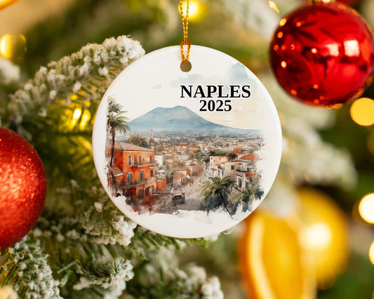 Custom Naples Italy ceramic photo ornament with personalized message – handmade Christmas bauble, gift souvenir, or vacation keepsake.  