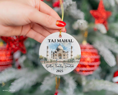 Custom vacation Taj Mahal ceramic photo ornament with personalized message – handmade Christmas bauble, gift souvenir, or vacation keepsake. 