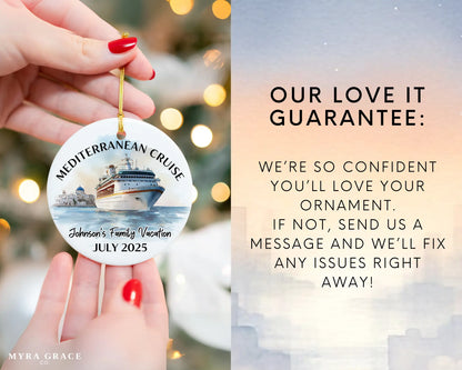 Handmade ceramic Mediterranean cruise ornament with personalized location and photo – custom Christmas bauble or cruise vacation souvenir. Love it guarantee