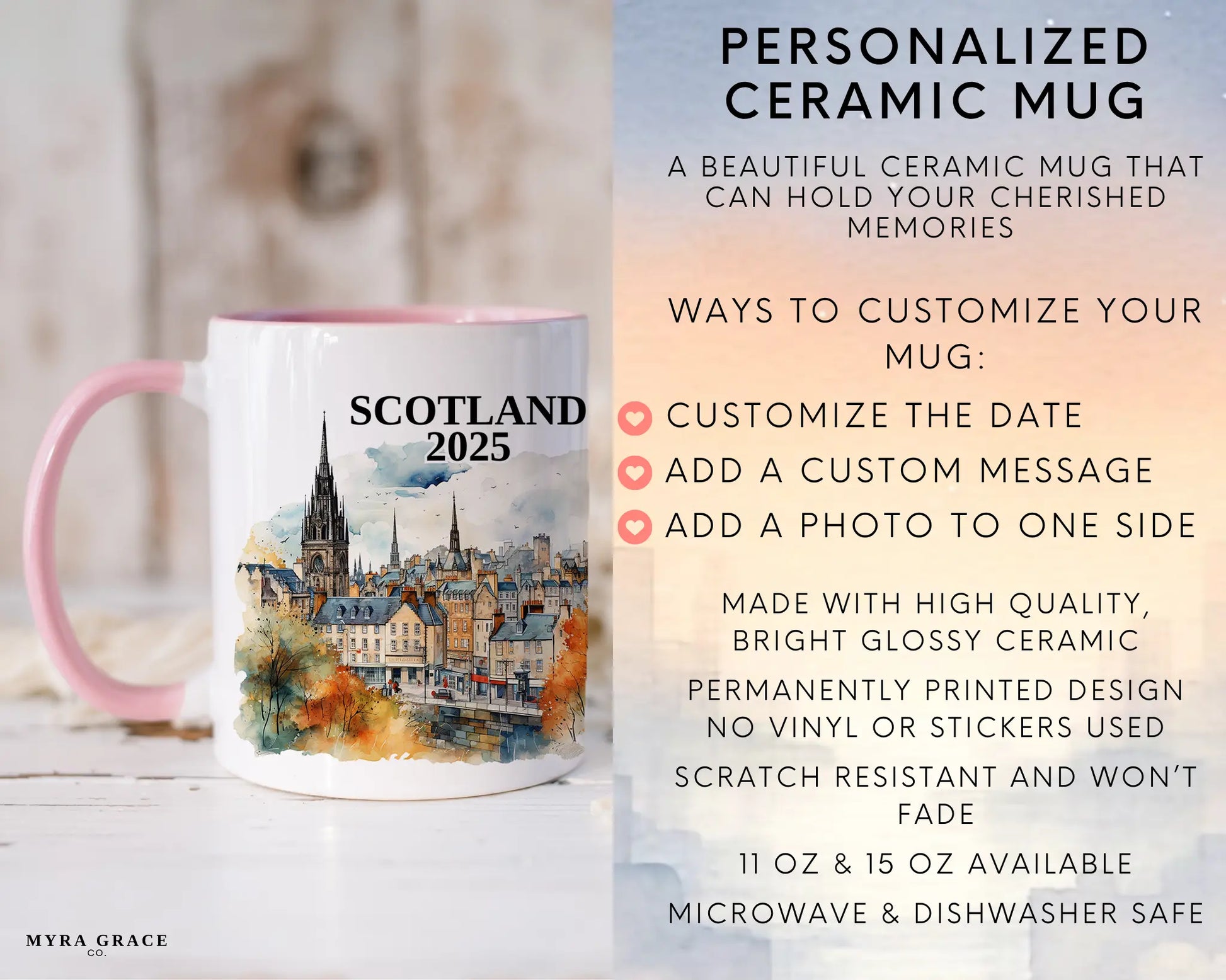 Custom ceramic Edinburgh Scotland vacation mug with watercolor location design, date, and personal photo – personalized travel gift or photo mug. Infographic