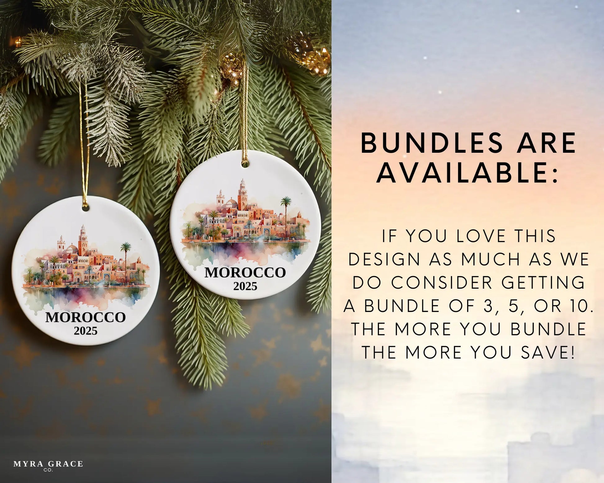 Custom Morocco ceramic photo ornament with personalized message – handmade Christmas bauble, gift souvenir, or vacation keepsake.  Bundles are available
