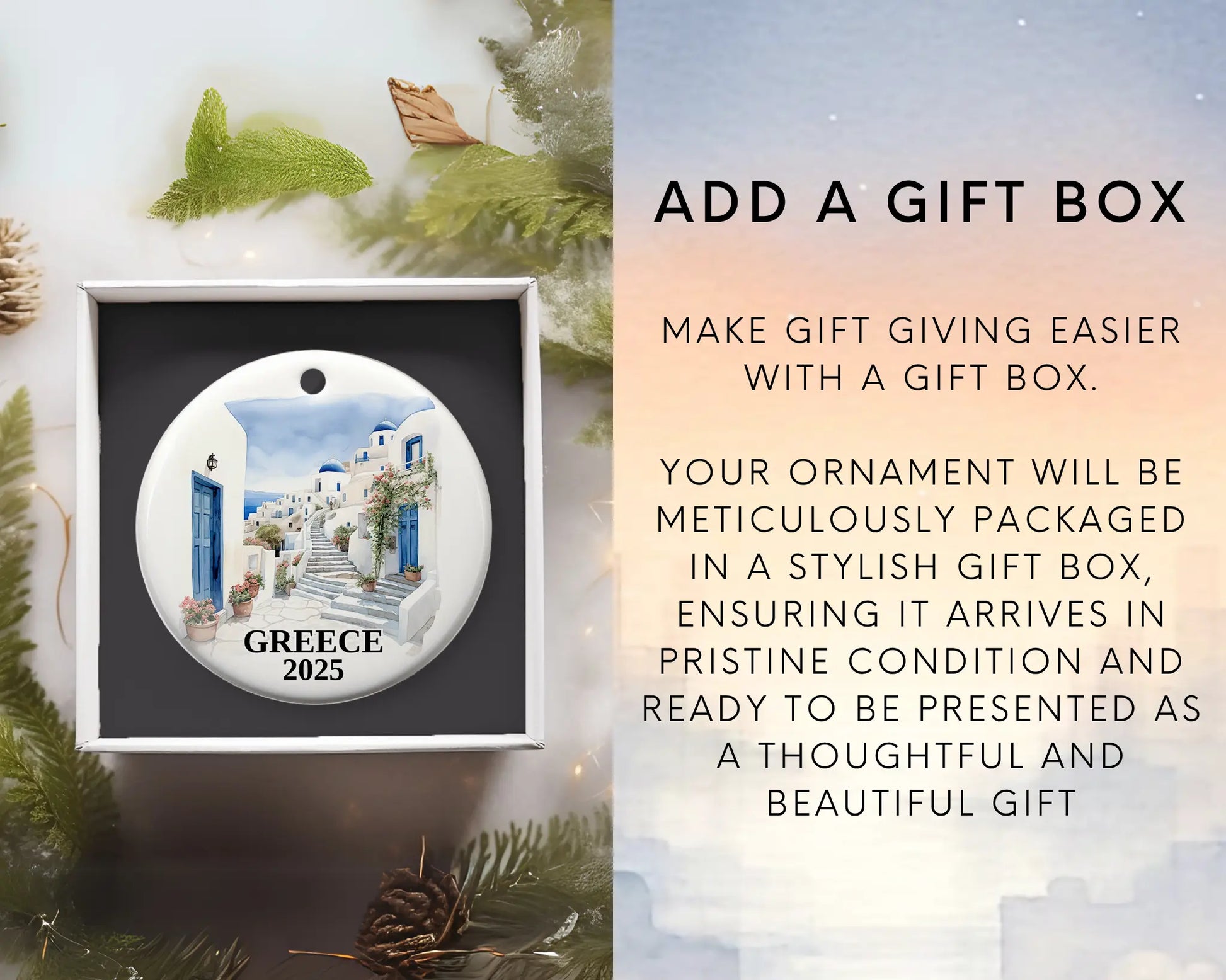 Custom Santorini Greece ceramic photo ornament with personalized message – handmade Christmas bauble, gift souvenir, or vacation keepsake.  add gift box