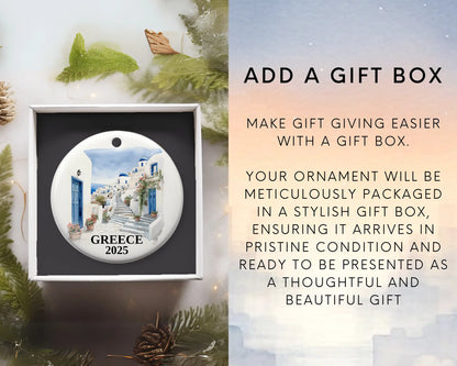 Custom Santorini Greece ceramic photo ornament with personalized message – handmade Christmas bauble, gift souvenir, or vacation keepsake.  add gift box