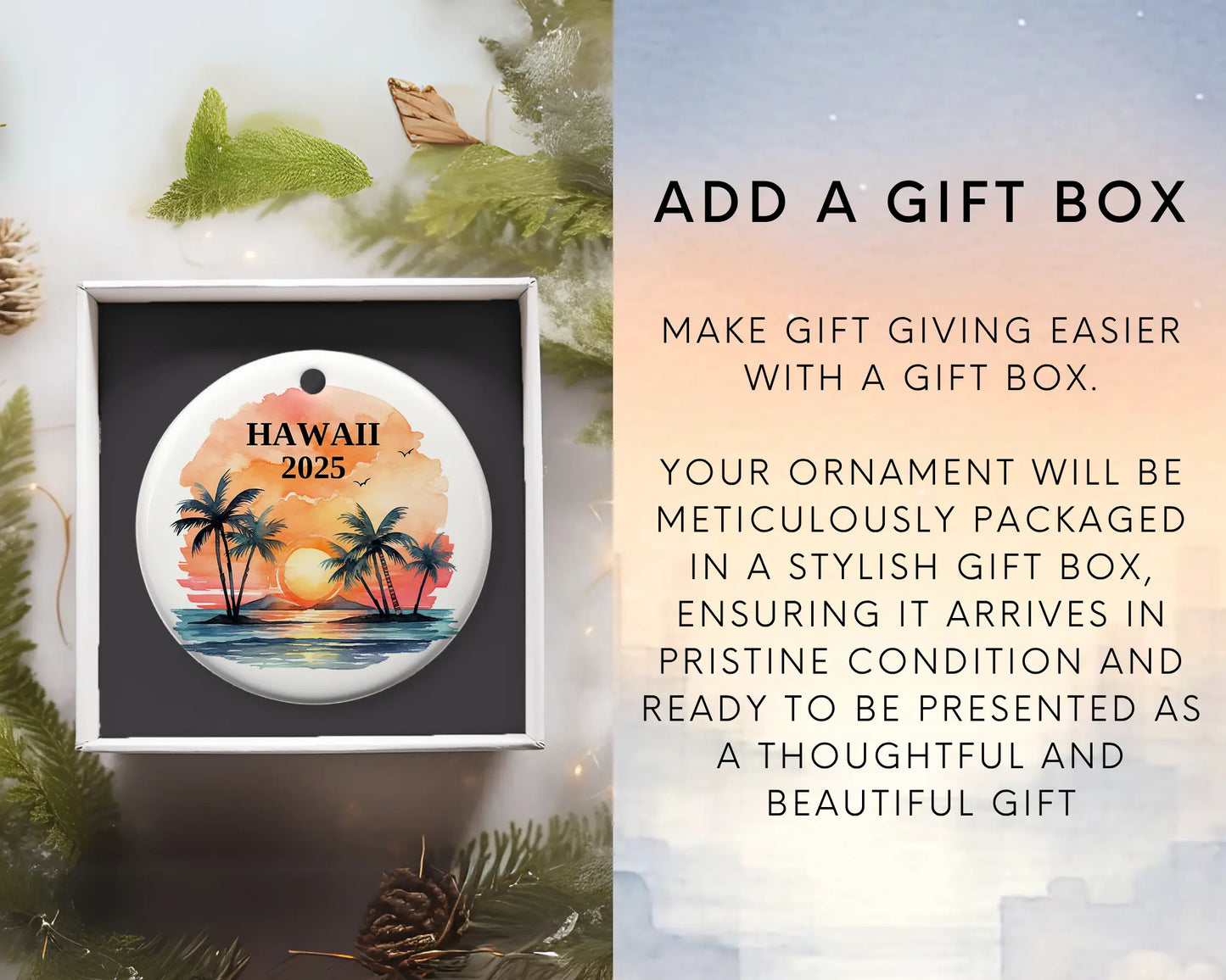 Custom Hawaii ceramic photo ornament with personalized message – handmade Christmas bauble, gift souvenir, or vacation keepsake.  add gift box