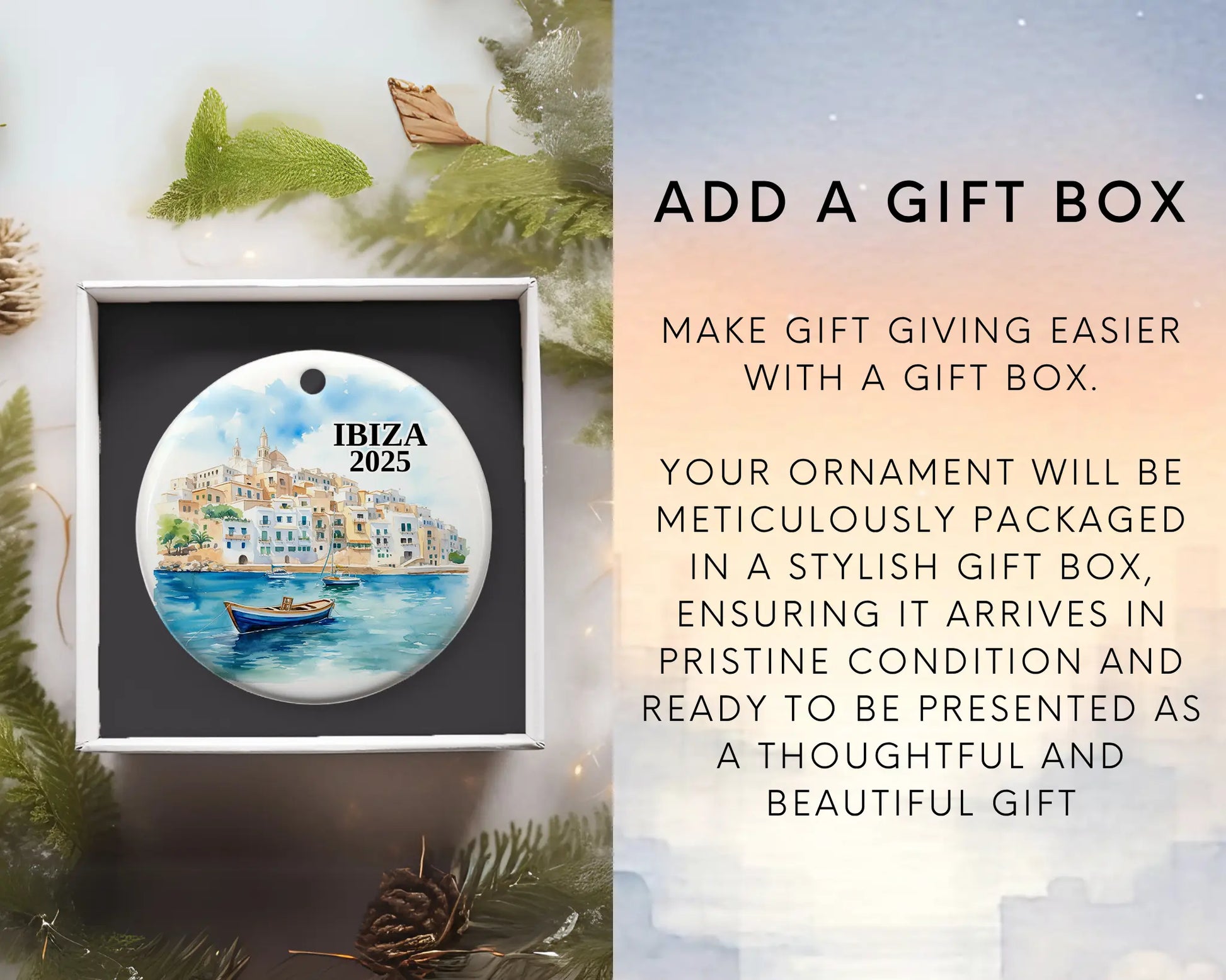 Custom Ibiza Spain ceramic photo ornament with personalized message – handmade Christmas bauble, gift souvenir, or vacation keepsake.  add gift box