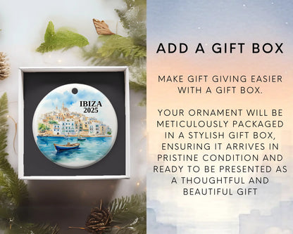 Custom Ibiza Spain ceramic photo ornament with personalized message – handmade Christmas bauble, gift souvenir, or vacation keepsake.  add gift box