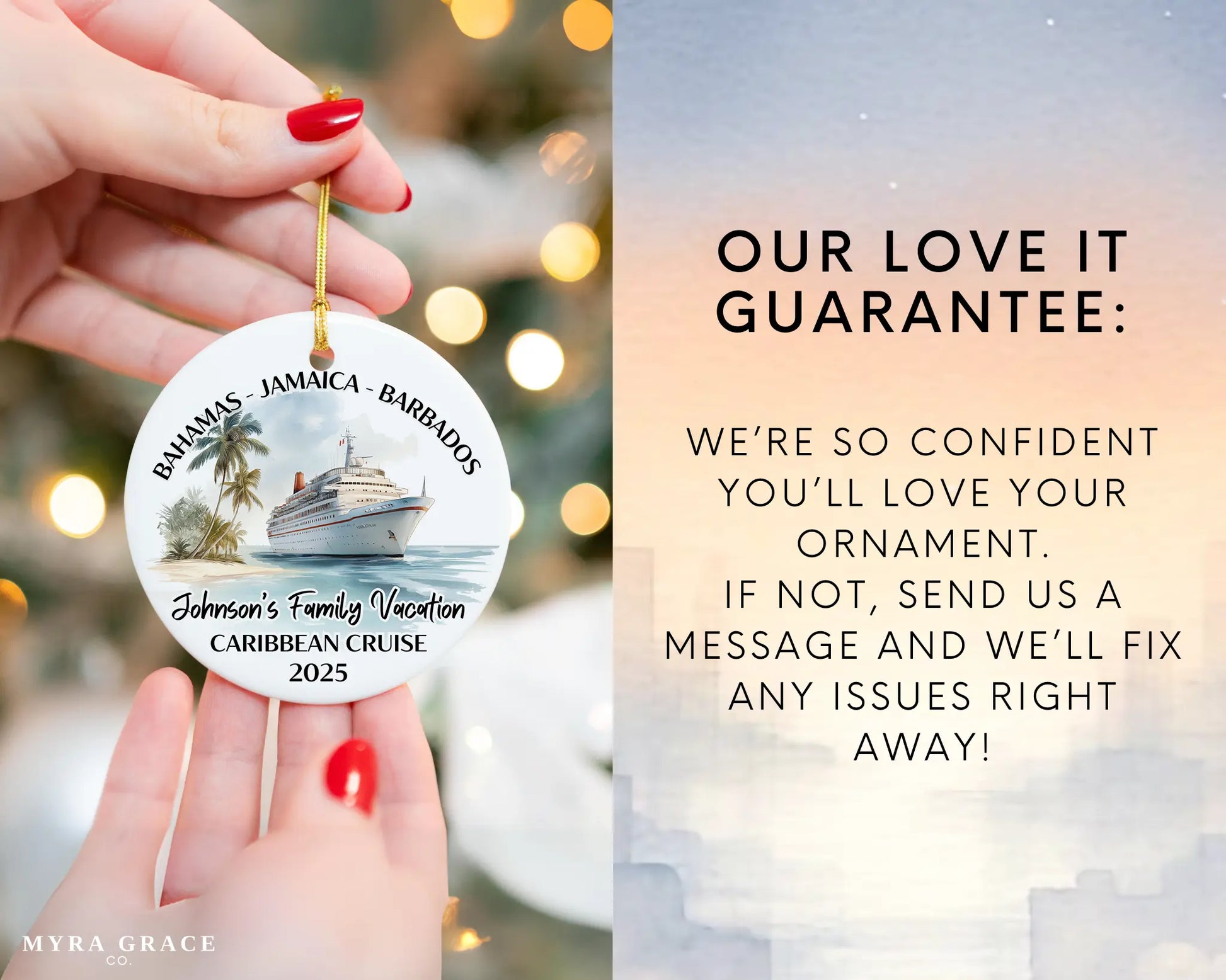 Handmade ceramic Caribbean cruise ornament with personalized location and photo – custom Christmas bauble or cruise vacation souvenir. Love it guarantee