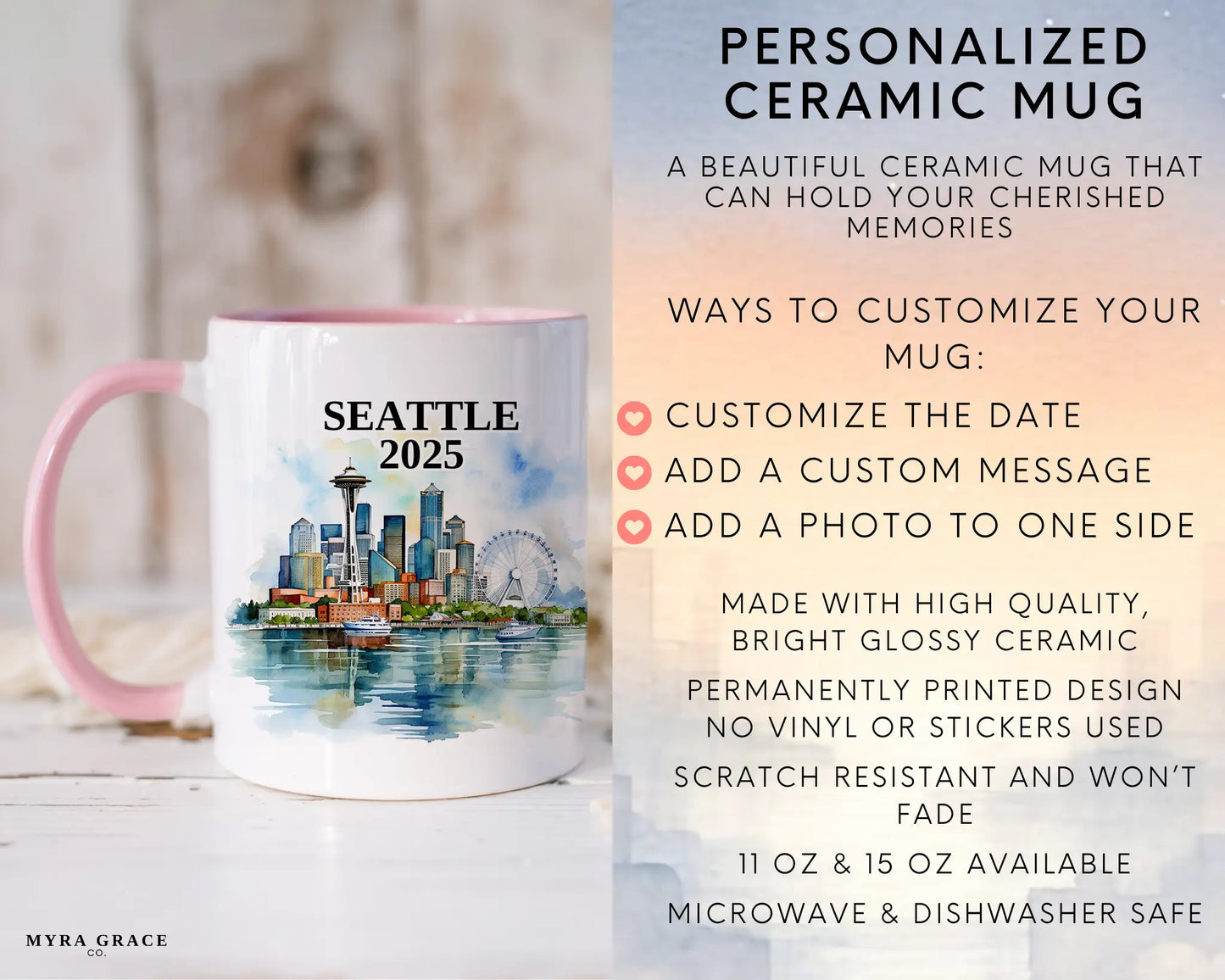 Custom ceramic Seattle vacation mug with watercolor location design, date, and personal photo – personalized travel gift or photo mug. Infographic