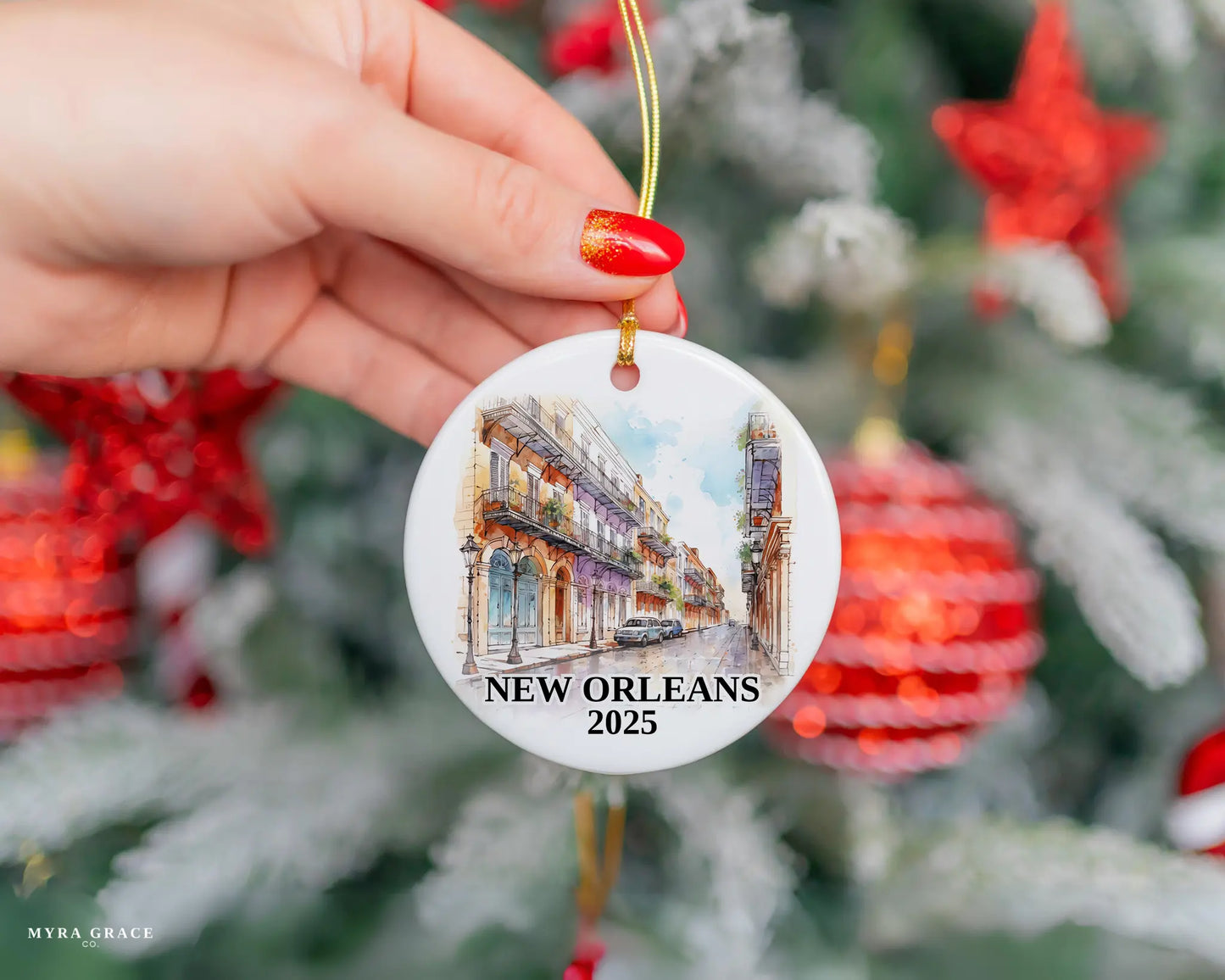 Custom New Orleans ceramic photo ornament with personalized message – handmade Christmas bauble, gift souvenir, or vacation keepsake.  