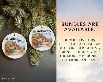 Custom Morocco ceramic photo ornament with personalized message – handmade Christmas bauble, gift souvenir, or vacation keepsake.  Bundles are available
