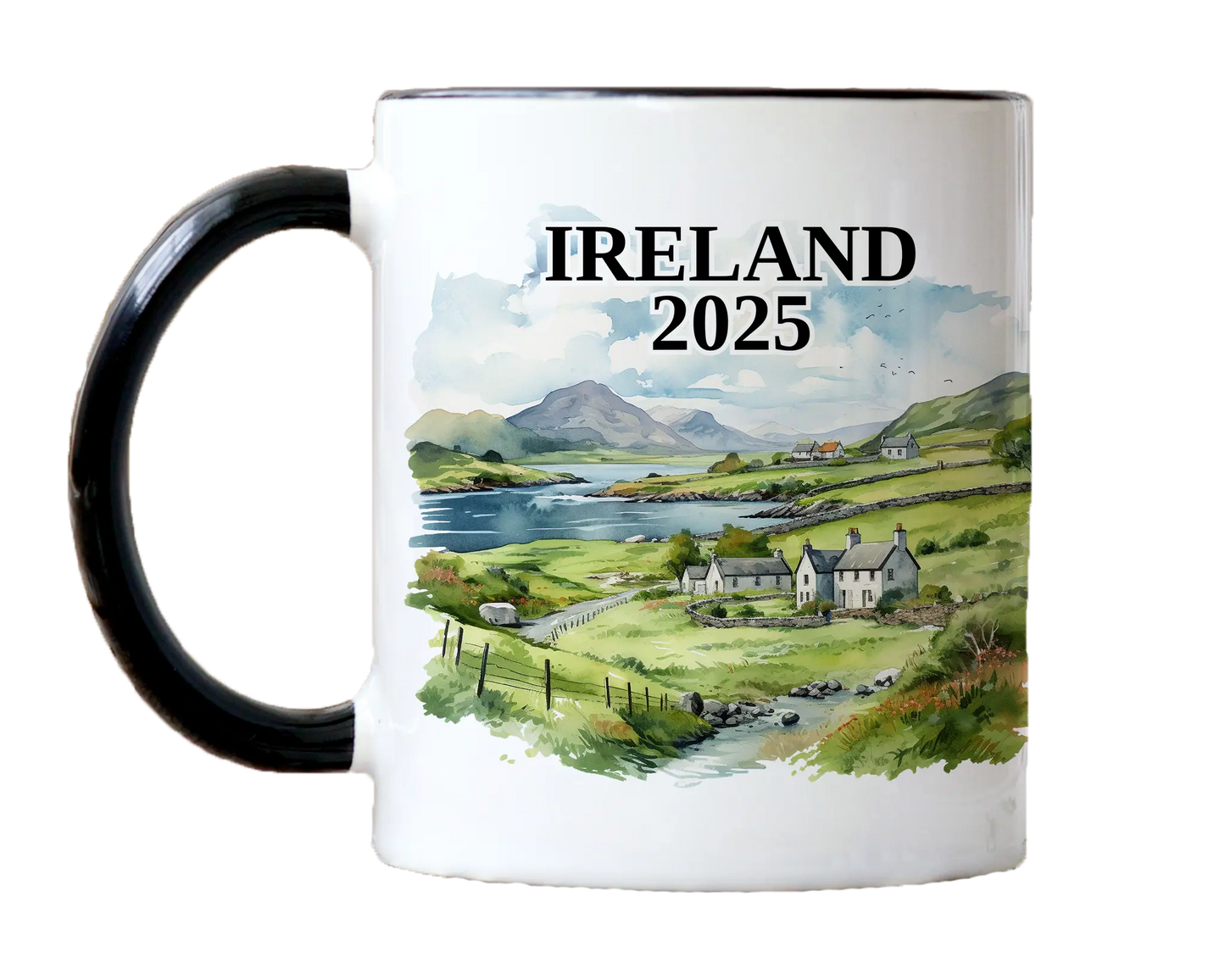 Custom ceramic Ireland vacation mug with watercolor location design, date, and personal photo – personalized travel gift or photo mug. 