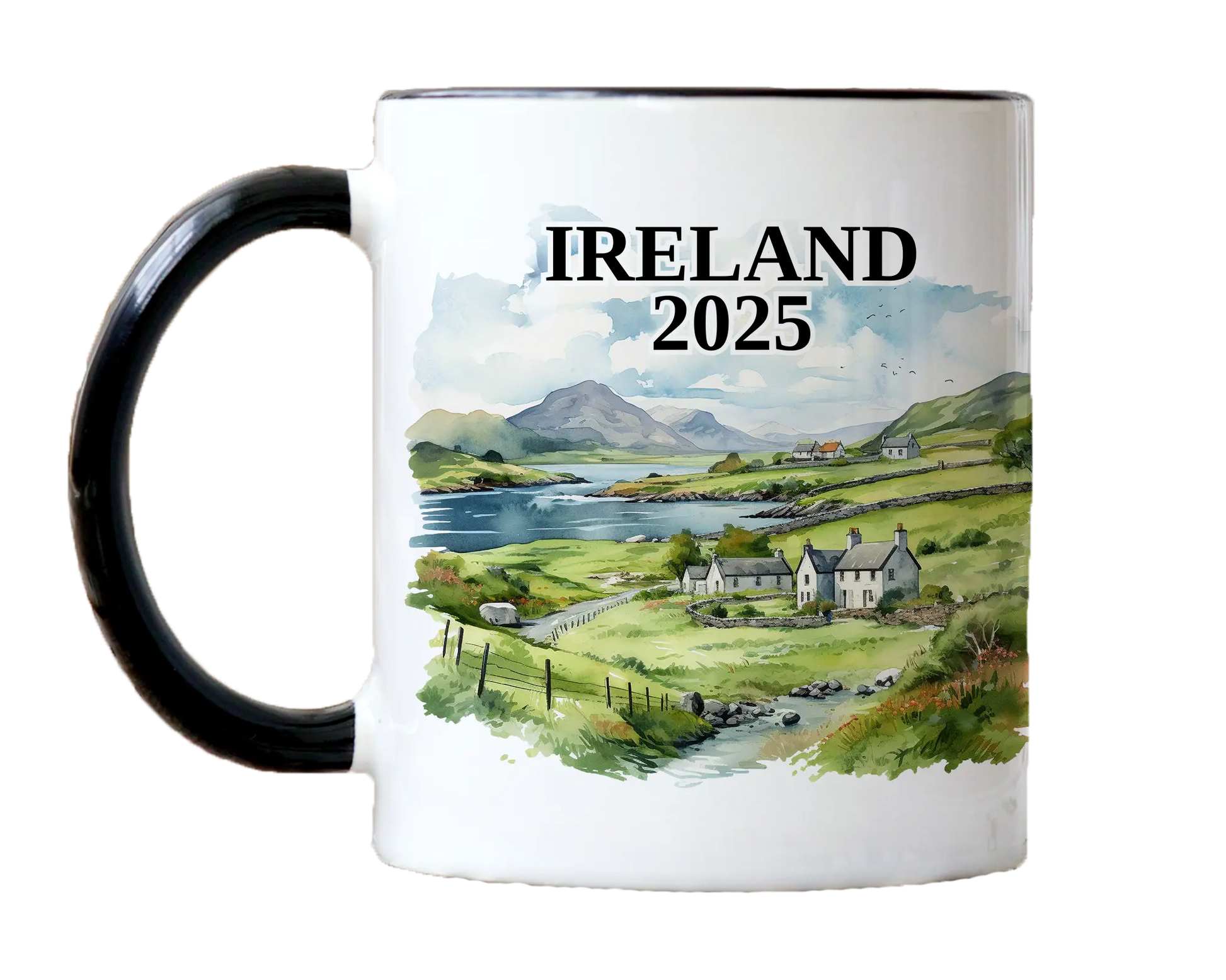 Custom ceramic Ireland vacation mug with watercolor location design, date, and personal photo – personalized travel gift or photo mug. 