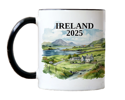 Custom ceramic Ireland vacation mug with watercolor location design, date, and personal photo – personalized travel gift or photo mug. 