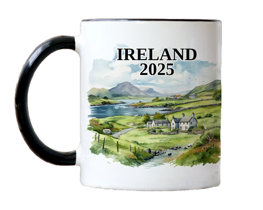 Custom ceramic Ireland vacation mug with watercolor location design, date, and personal photo – personalized travel gift or photo mug. 