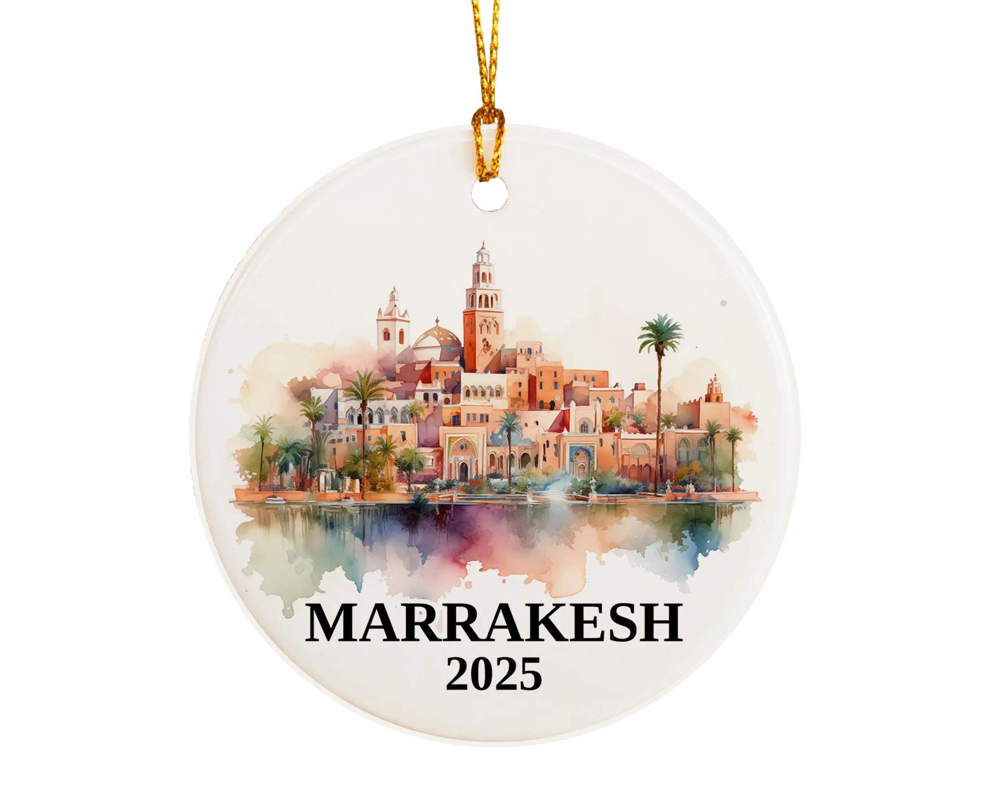 Custom Marrakesh Morocco ceramic photo ornament with personalized message – handmade Christmas bauble, gift souvenir, or vacation keepsake.  