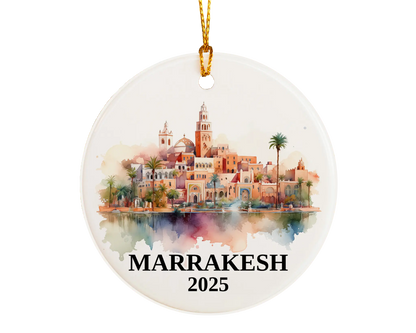 Custom Marrakesh Morocco ceramic photo ornament with personalized message – handmade Christmas bauble, gift souvenir, or vacation keepsake.  
