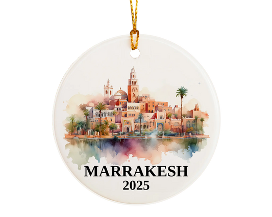 Custom Marrakesh Morocco ceramic photo ornament with personalized message – handmade Christmas bauble, gift souvenir, or vacation keepsake.  