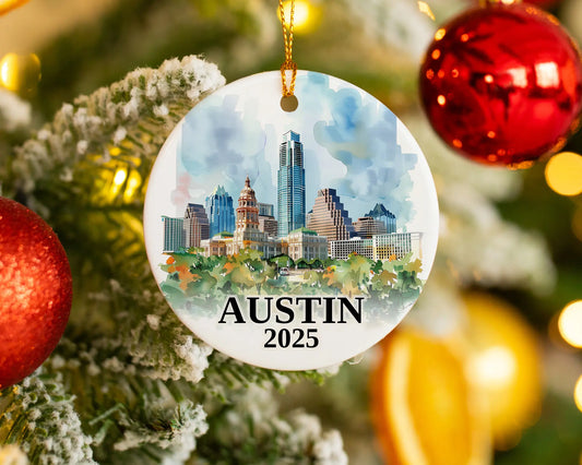 Custom Austin, Texas ceramic photo ornament with personalized message – handmade Christmas bauble, gift souvenir, or vacation keepsake.