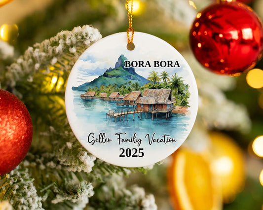 Custom vacation Bora Bora ceramic photo ornament with personalized message – handmade Christmas bauble, gift souvenir, or vacation keepsake. 