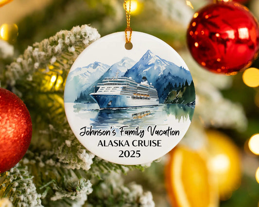Handmade ceramic Alaska cruise ornament with personalized location and photo – custom Christmas bauble or cruise vacation souvenir. 