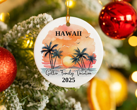 Custom vacation Hawaii ceramic photo ornament with personalized message – handmade Christmas bauble, gift souvenir, or vacation keepsake. 