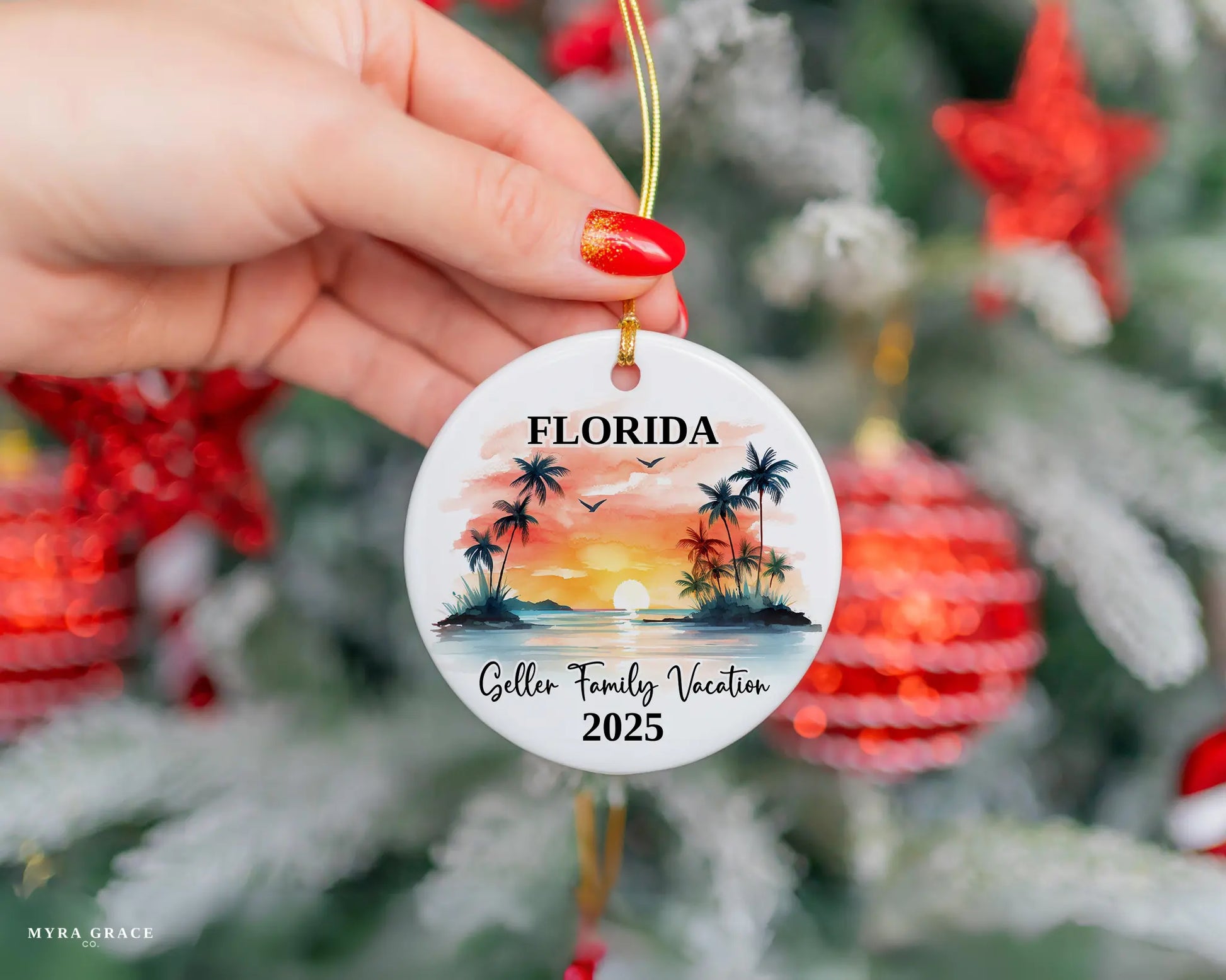 Custom vacation Florida ceramic photo ornament with personalized message – handmade Christmas bauble, gift souvenir, or vacation keepsake. 