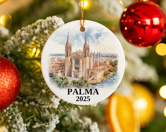 Palma Spain Ornament Custom Gift Souvenir Bauble. Custom Palma Spain ceramic photo ornament with personalized message – handmade Christmas bauble, gift souvenir, or vacation keepsake.  