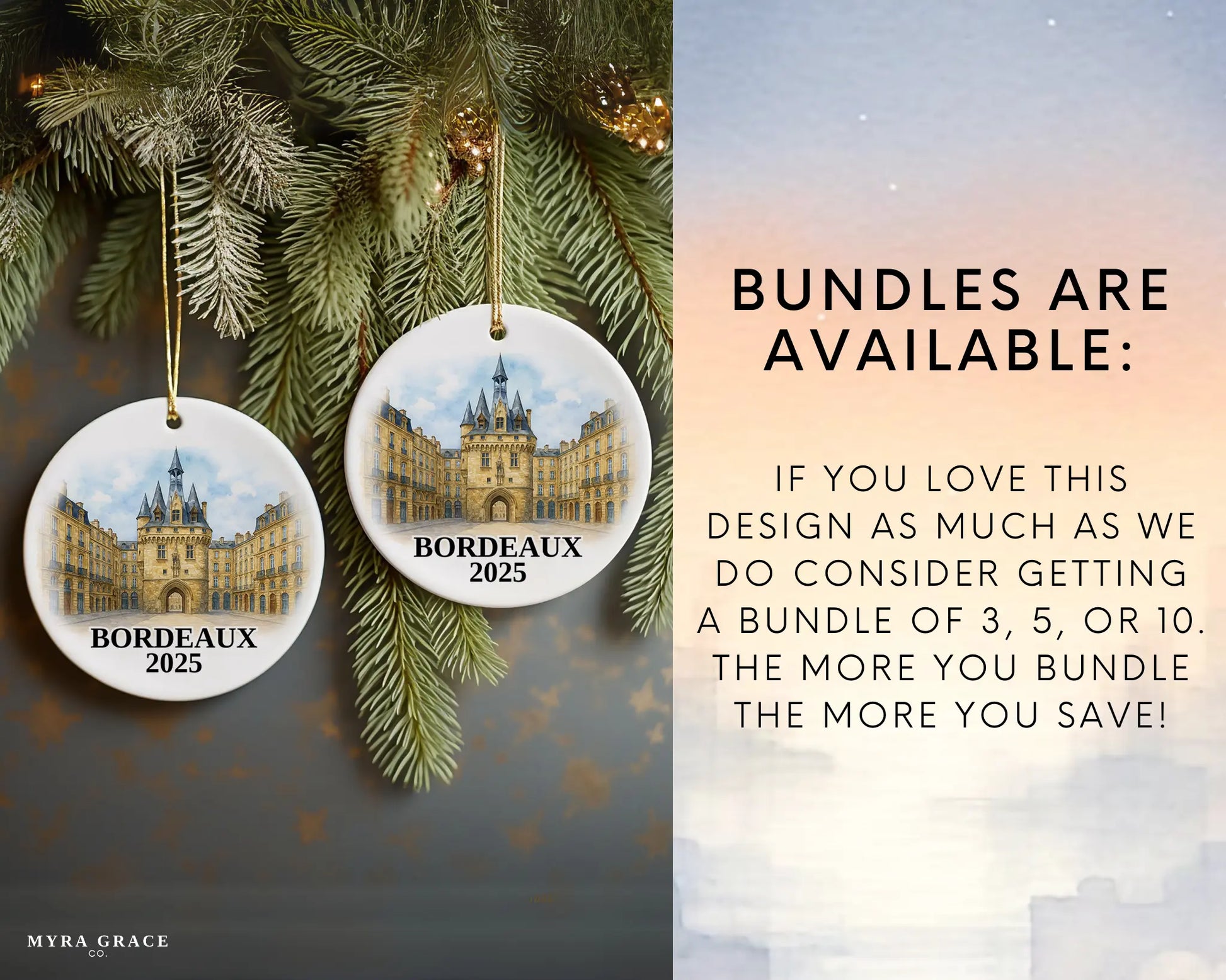 Custom Bordeaux France ceramic photo ornament with personalized message – handmade Christmas bauble, gift souvenir, or vacation keepsake. Bundles are available